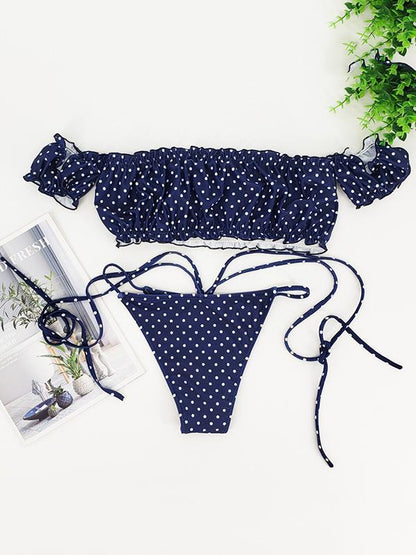 Polka-Dot Short Sleeves Bandage Split Bikini Swimsuit