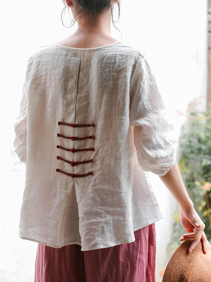 Casual Retro Linen Frog Blouses