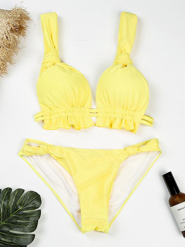 Solid Color Knotted Split Bikini Swimsuit
