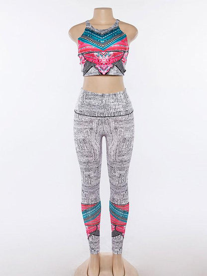 Back Cross Printed Tanks And Wide Waistband Leggings Suits