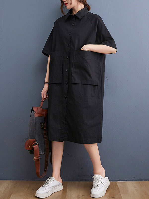 Original Solid Color With Pocket Lapel Shirt Dress