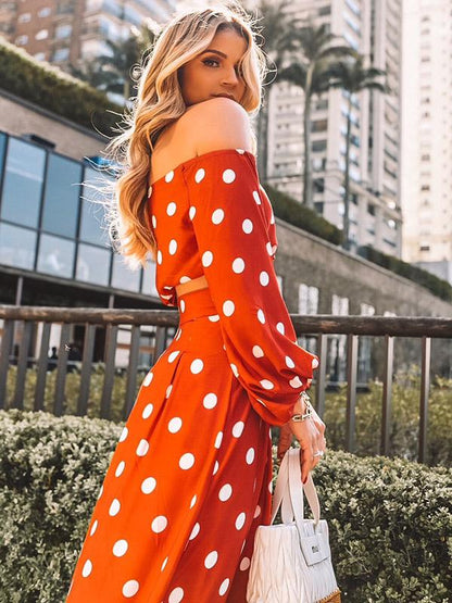 Polka-dot Puff Sleeves Blouses&Skirt Suits