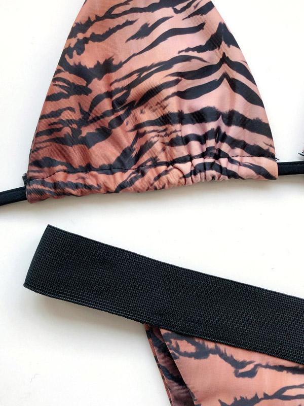 Tiger-Print Triangle Bandage Split Bikini Swimsuit