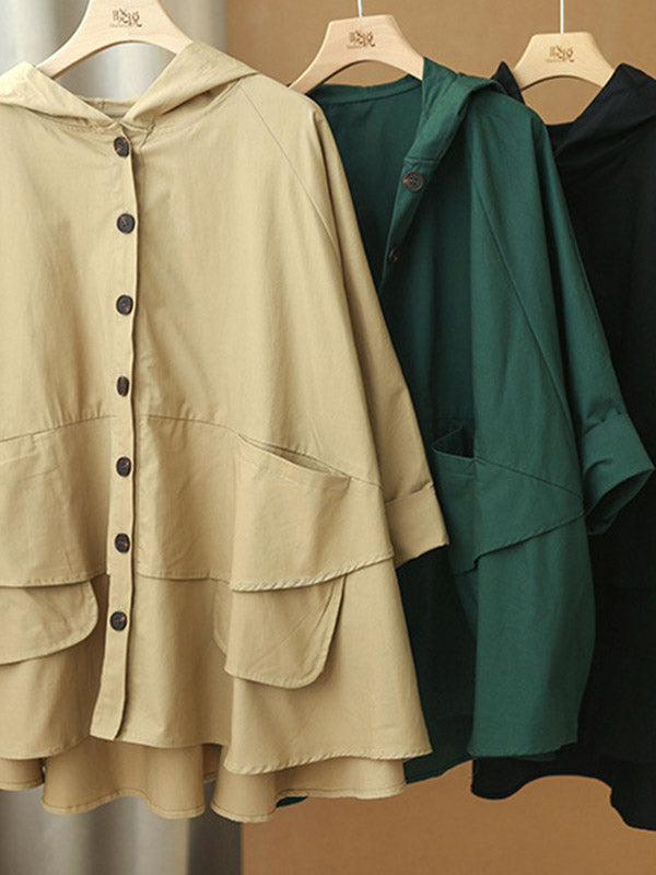 Urban Buttoned Solid Color Hooded Batwing Sleeve Loose Outerwear