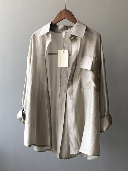 Casual Loose Solid Color Lapel Collar Long Sleeves Shirts