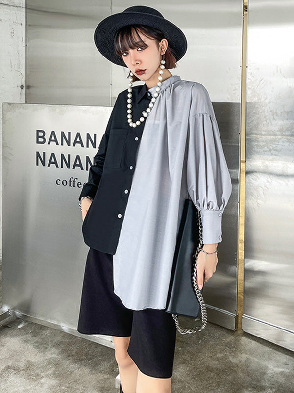 Irregular Casual Solid Color Pleated Buttoned Lapel Collar Long Sleeves Blouse