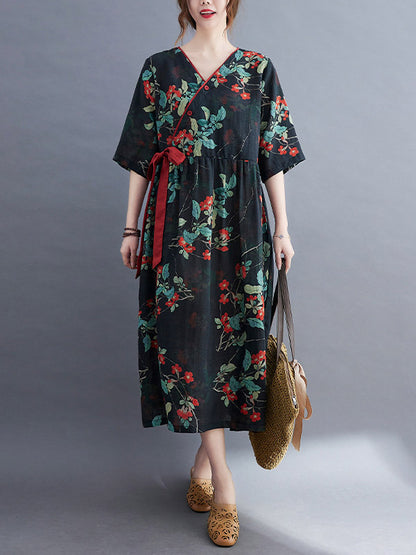 Artistic Retro Loose Tied Floral Printed Pleated V-Neck Short Sleeves Midi Dress