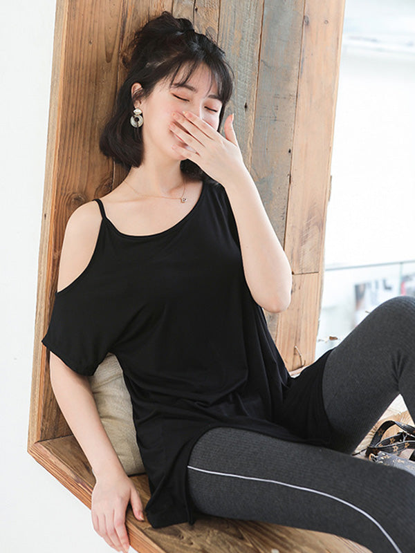 Casual Solid Color Asymmetric Cold Shoulder Spaghetti-Neck T-Shirt