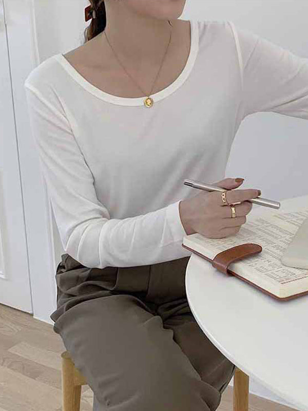 Casual Solid Color Long Sleeves Round-Neck T-Shirt Tops