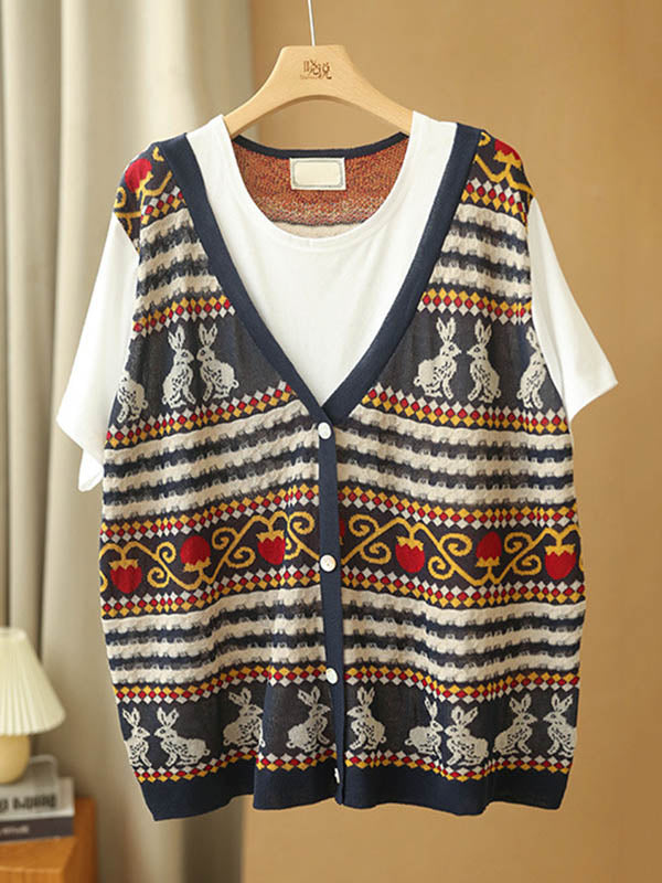 Stylish Split-Joint Printed Round-Neck False Two T-Shirt