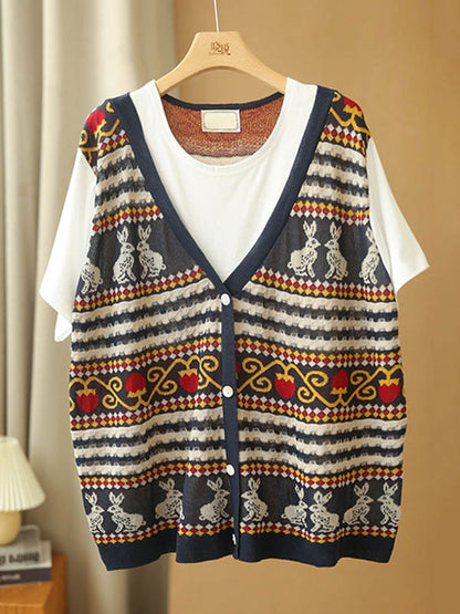 Stylish Split-Joint Printed Round-Neck False Two T-Shirt