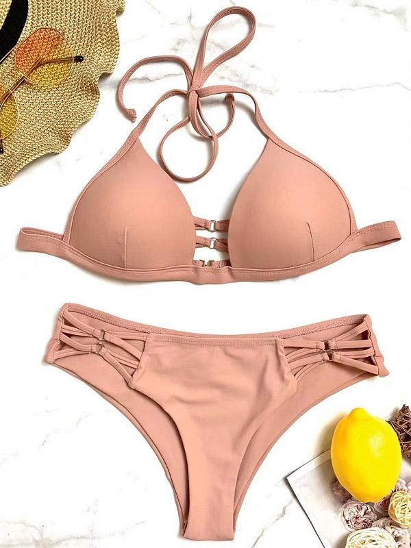 Solid Color Triangle Bandage Split Bikini Swimsuit