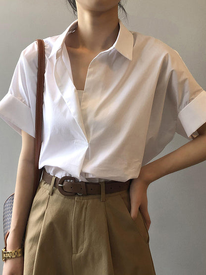 Simple Urban Solid Color Pleated Lapel Collar Short Sleeves Blouse