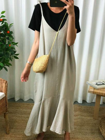 Cropped Loose Ramie Cotton Spaghetti-neck Midi Dresses