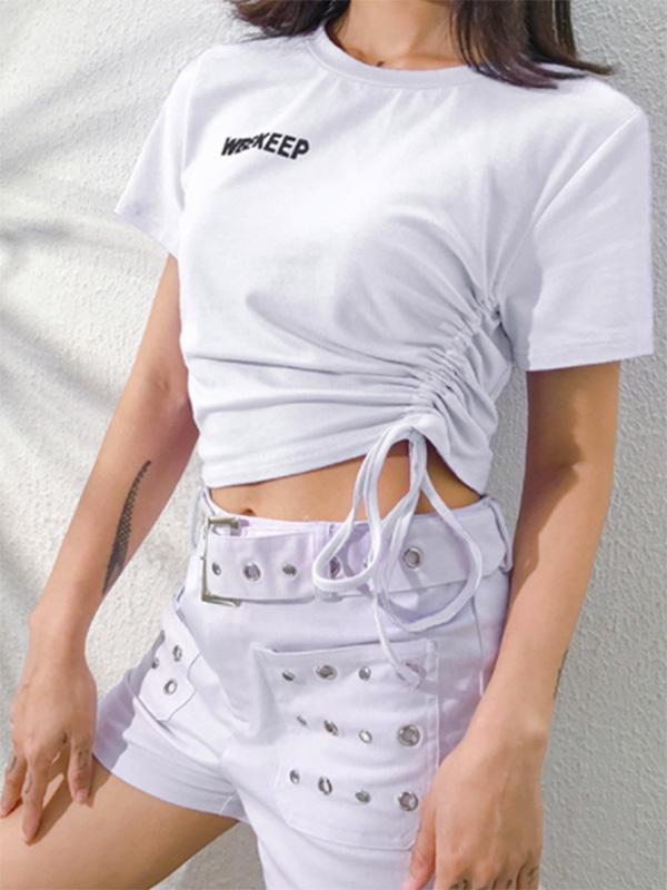 Casual Letters Printed Loose Exposed Navel T-Shirts Tops