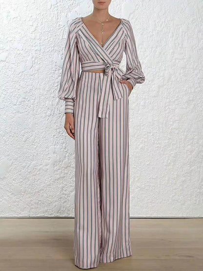 Fashion V-Neck Striped Puff Sleeves T-shirt And Wide Leg Pants Suits