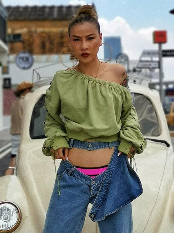 Solid Bare Midriff Off-the-shoulder Drawstring Sweatershirt