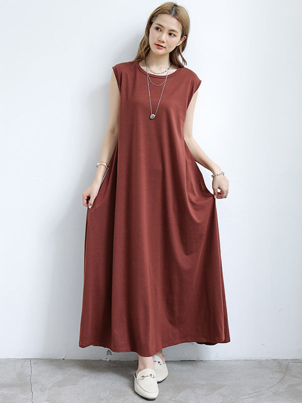 Simple Solid Color Oversized A-Line Round-Neck Cap Sleeves Maxi Dress