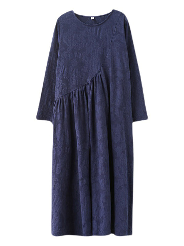 Casual Simple Solid Color Pleated Round-Neck Long Sleeves Midi Dress