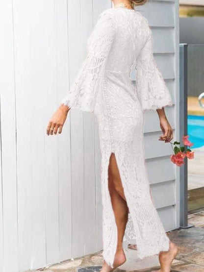 Deep V-neck Split-side Flare Sleeves Long Evening Dresses