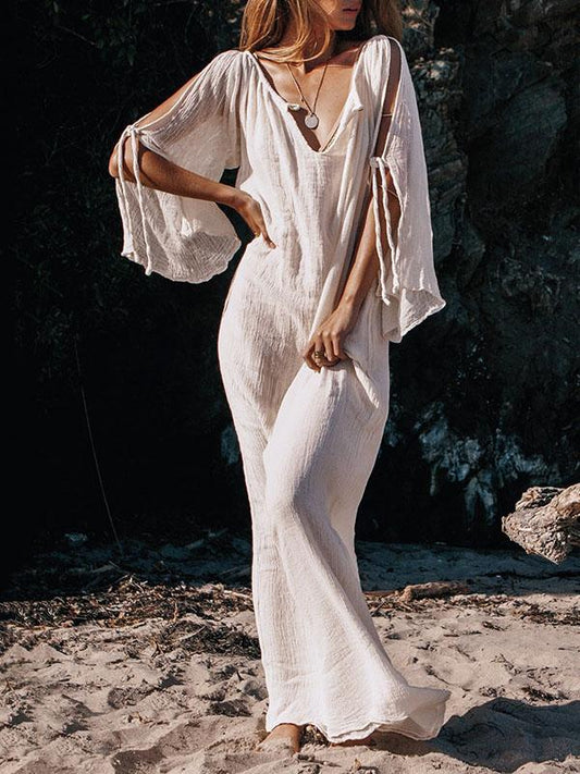 Deep V-neck Off-shoulder Flare Sleeve Long Dresses