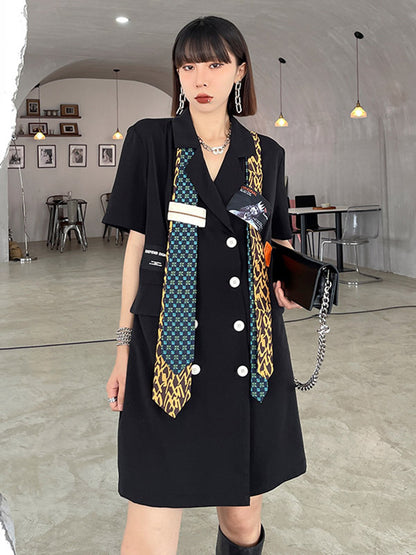Stylish Buttoned Tie Split-Joint With Pocket Applique Notched Collar Short Sleeves Mini Shirt Dress