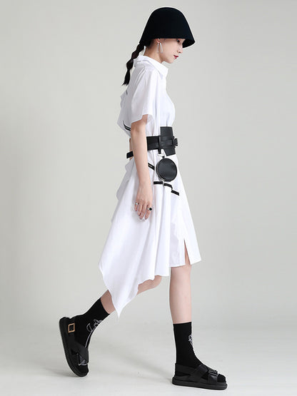 Stylish Irregular Split-Joint Falbala Buttoned Lapel Collar Short Sleeves Midi Dress