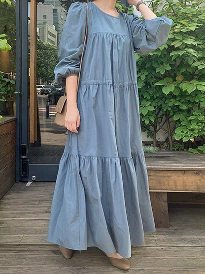 Casual Solid Color Pleated Drawstring Round-Neck Long Sleeves Midi Dress