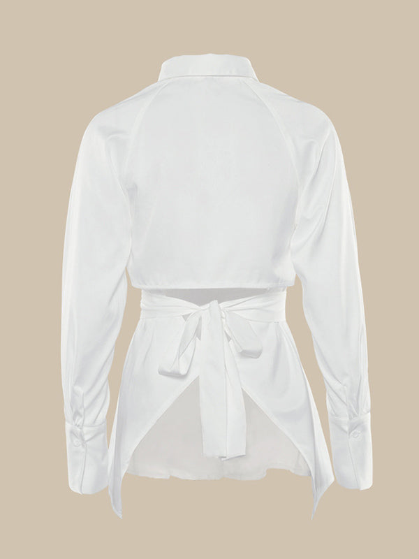 Urban White Hollow Bandage Lapel Long Sleeves Blouses