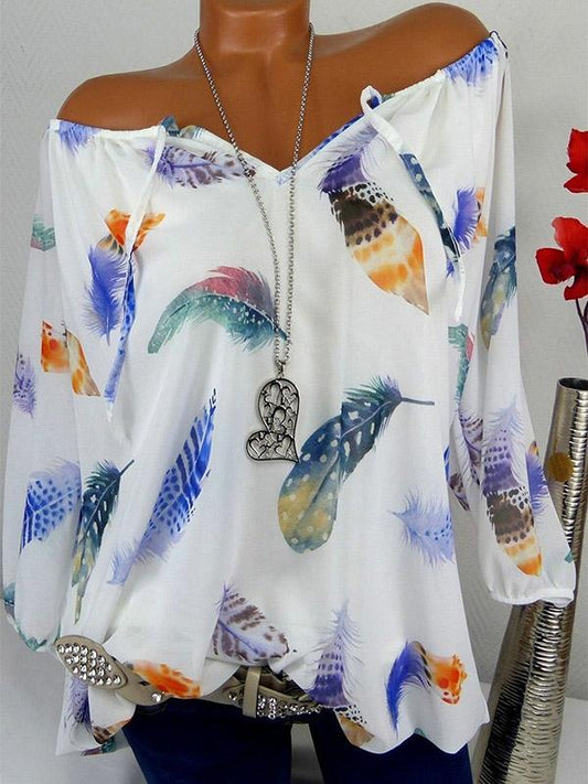 Large Feather Print T-shirt Off the Shoulder