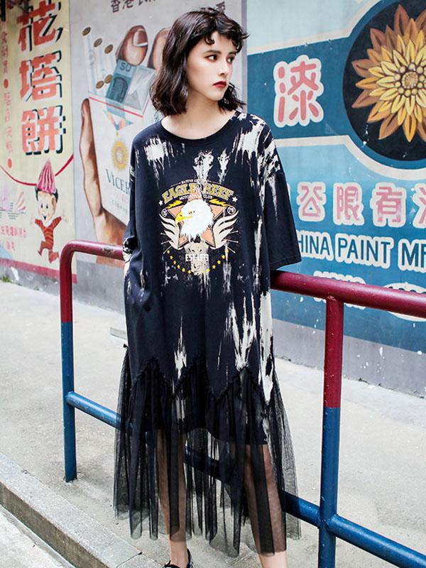 Mesh Split-joint Loose Printed Dress