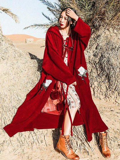 Loose Burgundy Vintage Pompom Triming Wind Coat Outwear