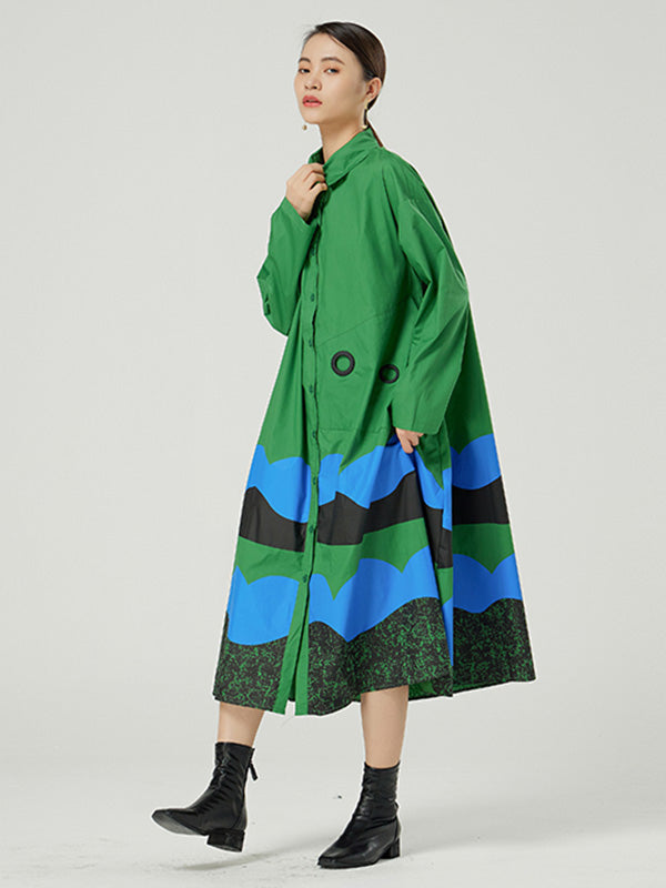 Original Buttoned Contrast Color Lapel Long Sleeves Midi Dress