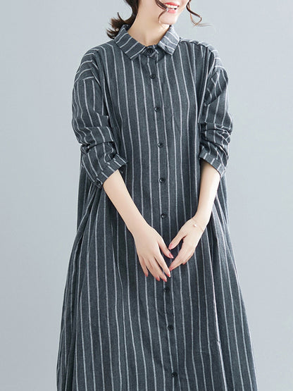 Simple Striped Buttoned Lapel Long Sleeves Shirt Dress