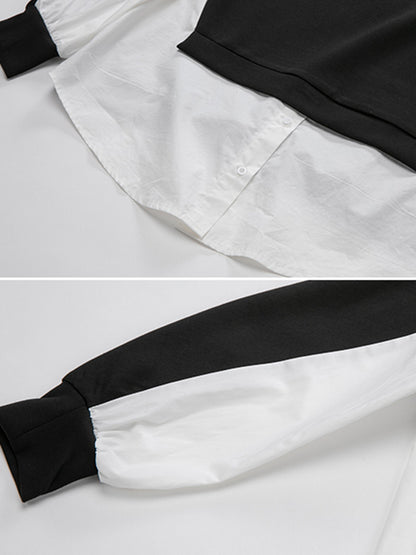 Stylish Split-Joint False Two Long Sleeves Zipper Stand Collar T-Shirt