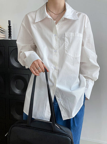 Simple Solid Color Split-Joint With Pocket Buttoned Lapel Collar Long Sleeves Blouse