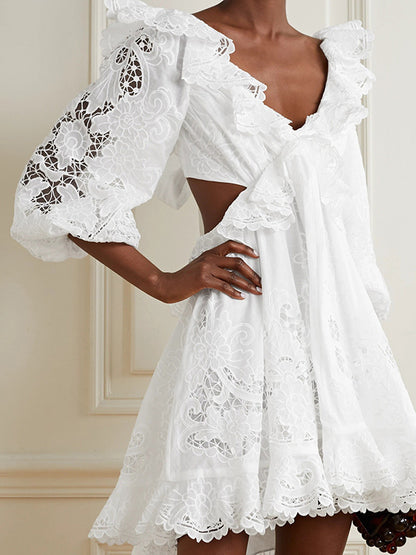 Fashion Solid Color Backless Hollow Lace V-Neck Bishop Sleeve Mini Dress