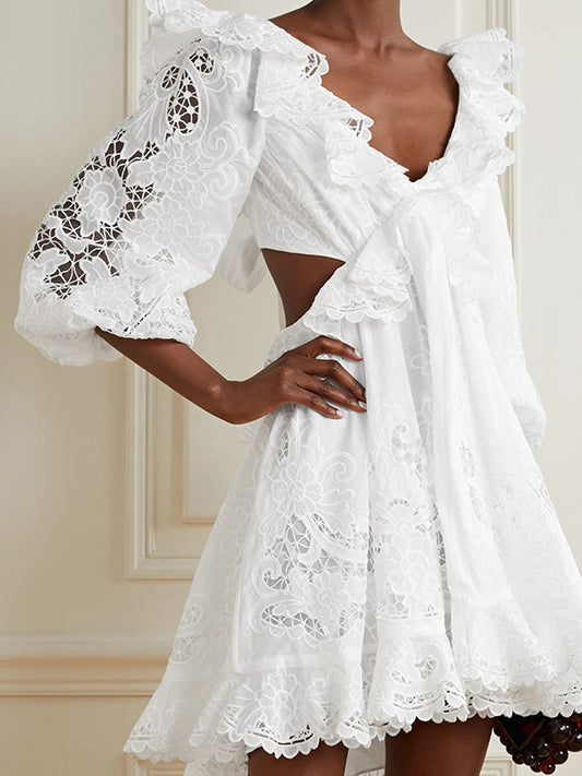 Fashion Solid Color Backless Hollow Lace V-Neck Bishop Sleeve Mini Dress