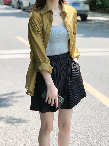 Casual Loose Solid Color Lapel Collar Long Sleeves Shirts
