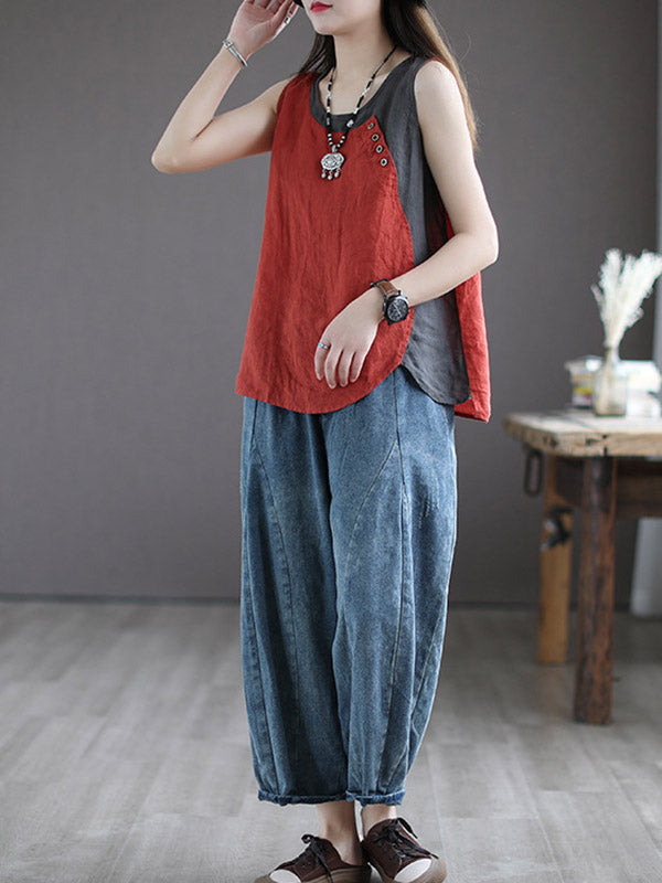 Leisure Split-Joint Linen Contrast Color Round-Neck Vest