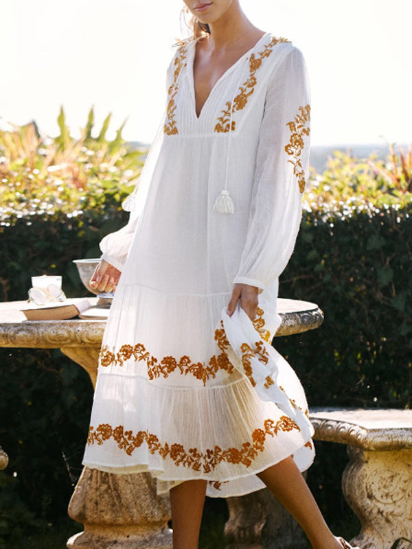 Vintage Loose Embroidered Split-Joint Long Sleeves V-Neck Midi Dress