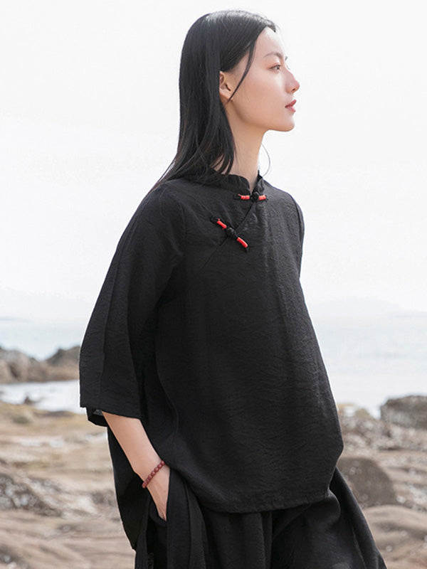 Vintage Tencel Buttoned Stand Collar High-Low Half Sleeves T-Shirt