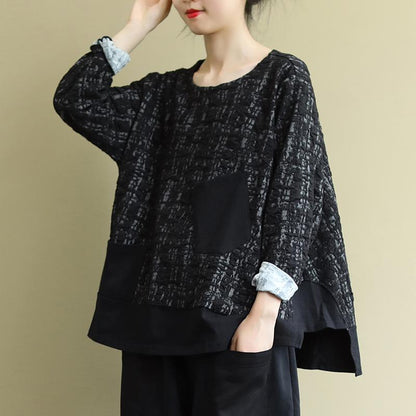 Buykud Asymmetrical Pockets Spliced Loose Pullover Blouse
