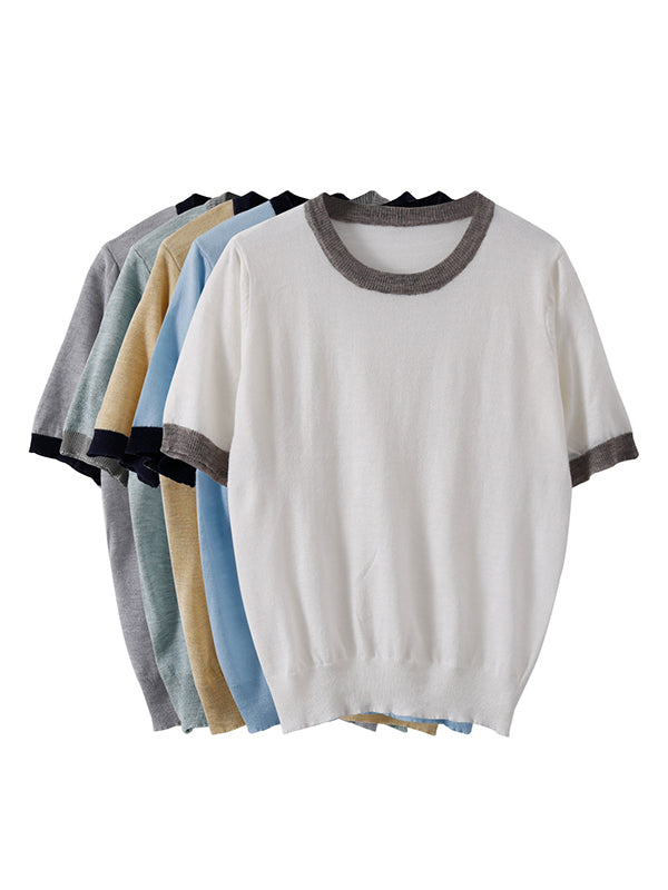 Casual Knitting Round-Neck Contrast Color T-Shirts Tops