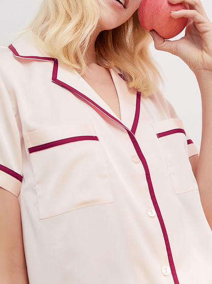 Casual Ice Silk Solid Color Notched Collar Short Sleeves Shirts& Shorts Pajama