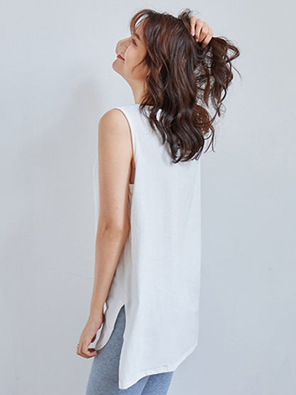 Casual Split-Side High-Low Round-Neck Sleeveless Vest Tops