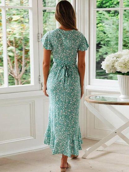 Printed Floral Short Sleeves V-neck Maxi Dress
