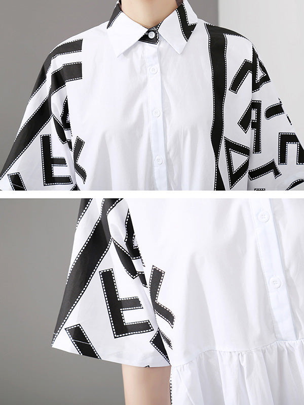 Loose Asymmetric Printed High-Low Lapel Split-Joint Midi Dress