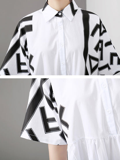 Loose Asymmetric Printed High-Low Lapel Split-Joint Midi Dress