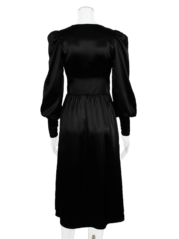 Urban Buttoned Split-Front High Waisted Puff Sleeve A-Line Midi Dress